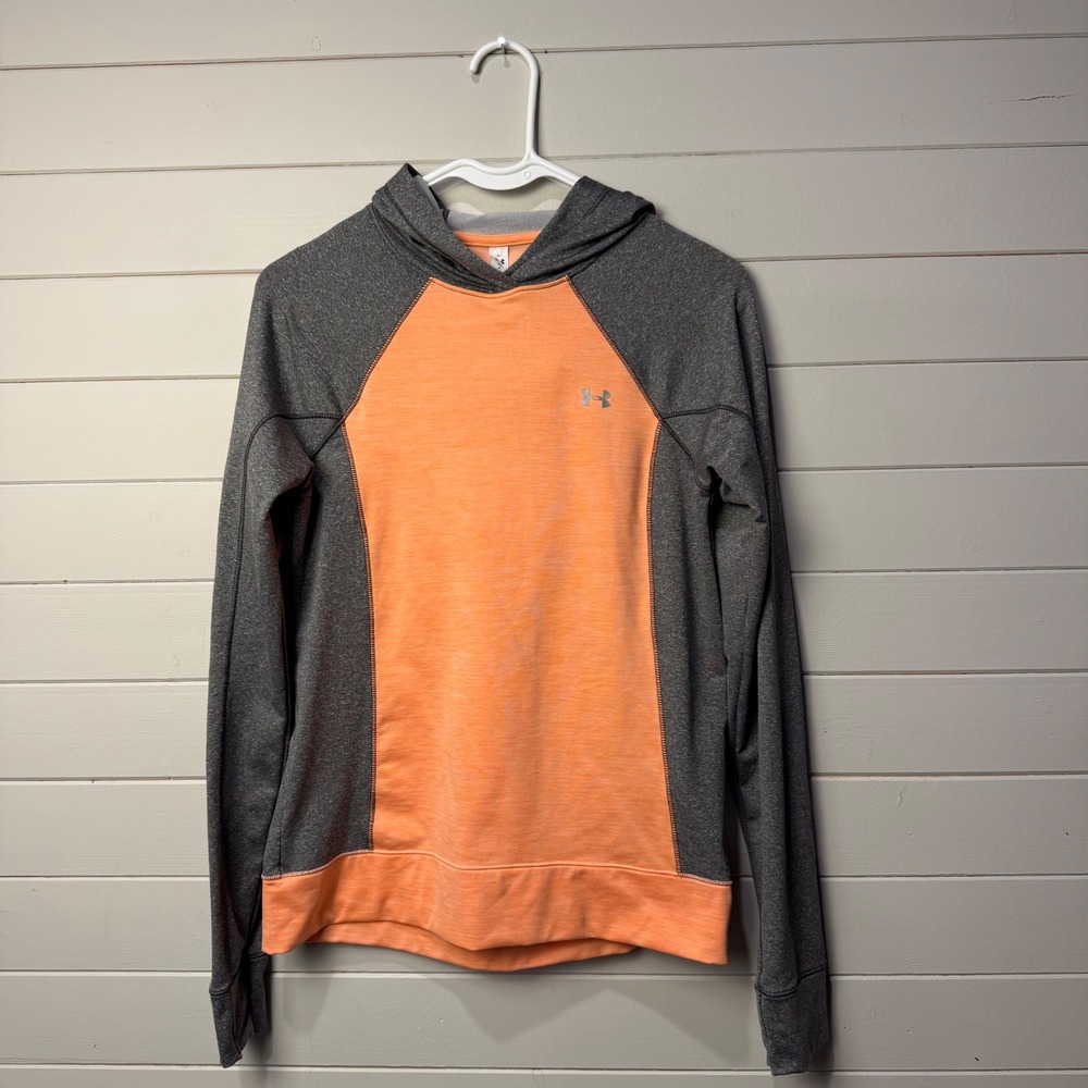 Under Armour ColdGear Womens Small Orange‎ Grey Hoodie Thumbholes Running Casual